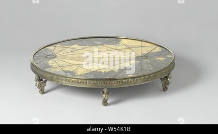 Map of the Iberian Peninsula Map of the Iberian Peninsula, Round table piece with a map of the Iberian Peninsula. The map is painted on the back of the cover glass, which rests on slate plate. The whole is encased in a gilt silver frame, which is decorated on the outside with a meander and lion heads, and is supported by six gilt bronze sphinxes, maps of separate countries or regions, Augustin Hirschvogel (attributed to), Neurenberg, c. 1553, silver (metal), bronze (metal), slate (rock), gold (metal), lapis lazuli (rock), brass (alloy), gilding, h 12.0 cm × d 61.0 cm Stock Photo