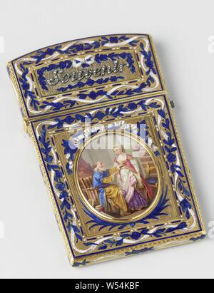 Case for a gold and email notebook, Case for a gold and email notebook. On the front a man and a girl on an enamelled oval plate. On the other side an oval with hairs in it and surrounded by flowers and 2 pierced hearts. Content: a picture of ivory., anonymous, Paris, c. 1780 - c. 1782, gold (metal), silver (metal), diamond (mineral), glass, ivory, h 8.3 cm × w 5.6 cm × d 0.9 cm × w 110 Stock Photo