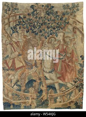 A wild man and woman in an enclosed garden (fragment), Tapestry fragment (?) - with Hortus Conclusus with wild men, inside a circular fence of open trellis are two devoted horsemen on either side of a flowering tree: on the right falconer on a unicorn, on the left a man with a club on a spotted long-necked animal. The people are barefoot, the members strong and long hairy. She wears a broad-sleeved tabbard of red velvet and a low capon with dark red, over-the-shoulder cover. He wears a red-drilled yellow-green paltrock, has a short beard and wears a headband, crowned with a large leaf on Stock Photo