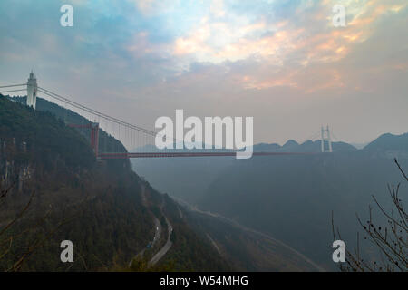 An aerial view of the Aizhai Bridge, a suspension bridge on the Baotou-Maoming Expressway, in Jishou city, Xiangxi Tujia and Miao Autonomous Prefectur Stock Photo