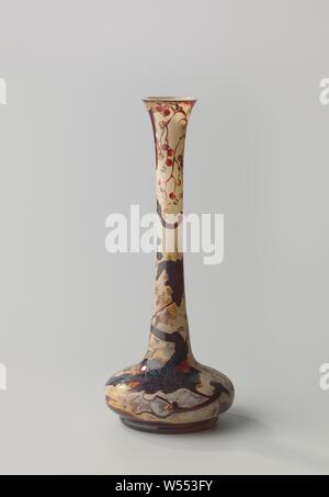Vase with branches of elderberry with black currant, Flat bottom, low foot, pressed spherical body, merging into a high neck, ending at the top. On a brown and ivory-colored, matte etched Überfang, in relief, in red and black fused glass powder, a decor of elder branches with black berries, The veins of the leaves with the needle etched. The Muller Croismare signature is on the bottom., Muller Frères, Croismare, c. 1900, glass, etching, h 35 cm × d 12.4 cm Stock Photo