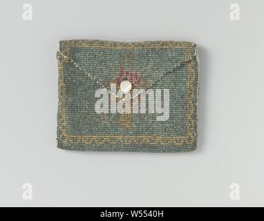 Small bag in an envelope model, entirely woven from fine green-gray beads, with a mother-of-pearl button as closure, folded in half with a seam along the two sides. The bag is completely woven from fine green-gray beads, with a golden-yellow basket with pink flowers as a motif on the front and back, within a frame of golden-yellow beads. In the unlined flap a narrow notch, through which the mother-of-pearl button can be put through to close the bag. Ecru colored moire linen lining. Inside the bag is a folded powder cushion of watered satin and velvet, with powder on top (see B)., anonymous Stock Photo