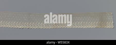 Strip of bobbin lace with hanging chalice flowers, Strip of natural-colored bobbin lace: Lille lace. Under a pattern of square mussels, the repeating pattern consists of a hanging chalice flower, on a curved stalk with three round leaves. The calyx flowers are placed against each other and form the shells along the bottom of the strip. The motifs are connected to each other by a fine grid, a lawn. The whole work in the chalice flower is made in linen, with an open-worked center lane and provided with thicker and shiny contour threads. The stalk and the leaves are made with contour threads in Stock Photo