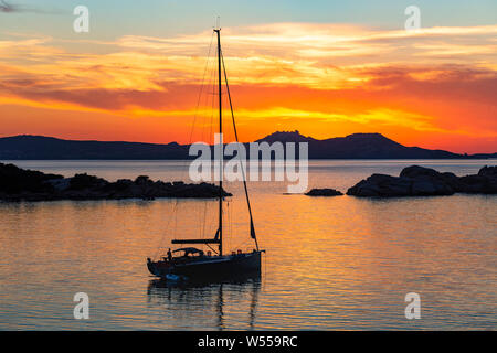 Coastal, Colourful, Sunset View From Sardinia, Golden, Tranquil Mediterranean to the Islands of La Madallena and Caprera With Moored Sailing Boat, Stock Photo