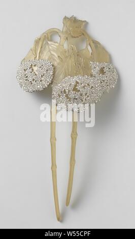 Hair comb in the form of two branches Viburnum, Hair comb of horn, gold and  diamonds.