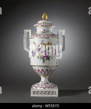 Covered vase with birds on a branch and bouquets, Porcelain covered vase on a spreading foot ending in a square base and with a cylindrical body with round shoulder and narrowing towards the foot. Spreading neck with a flat edge and high, angular ears. Painted on the glaze in blue, red, pink, green, yellow, purple, black and gold. On the belly two birds on a branch in a landscape and a bouquet of different flowers. In between scattered flowers and insects. The narrowing part to the foot with a band with modeled raised leaf motifs in relief. The shoulder and the foot with the same decoration as Stock Photo