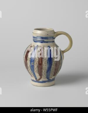 Jug with foliate scrolls and colored borders, Stoneware jug on high feet with an egg-shaped belly and wide, short neck. The C-shaped ear is attached to the neck and shoulder. On the neck and foot profiles. Partially covered with cobalt blue and manganese purple. Vertical bands with leaf vines printed on the abdomen and embossed, alternated with a blue or purple band. Blue lines on the foot and neck. A few pieces of relief are missing. Westerwald., anonymous, Westerwald, c. 1600 - c. 1699, stoneware, glaze, cobalt (mineral), manganese oxide, vitrification, h 20.2 cm d 7.3 cm d 15 cm d 9.2 cm w Stock Photo