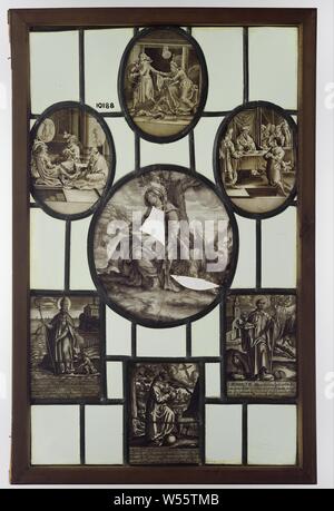 Window with, among others, Saint Luke, Augustini, Francis and Saint Benedict, biblical scenes, including Joseph and the wife of Potifar, Composite window with three oval, one round and three rectangular stained glass 'en grisaille' on which various figures are depicted, such as St Lucas, sitting on a winged bull, St Augustine, St Francis and St Benedict. Further biblical representations., anonymous, Antwerp, c. 1540 - c. 1700, glass, h 77.5 cm × w 49.5 cm Stock Photo