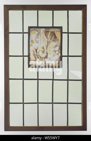 Windowpane with the Birth of St John the Baptist, Stained glass window with the image of the birth of St John the Baptist, with childbirth in the background and the washing in the foreground., anonymous, 1550 - 1560, glass, silver stain, h 24.5 cm × w 20.3 cm Stock Photo