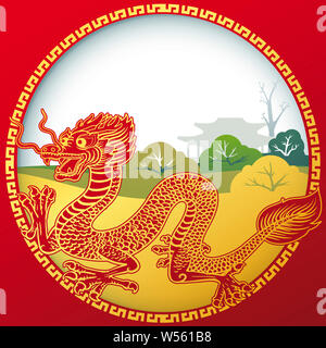 llustration of Golden Chinese dragon in red and gold circle frame with temple in the background vector and illustration design Stock Photo