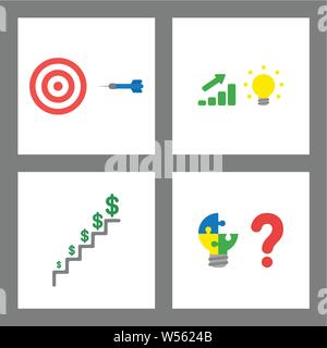 Vector icon concept set. Bulls eye and dart, slaes chart up with light bulb idea, dollars growing on stairs and light bulb puzzle with missing piece. Stock Vector