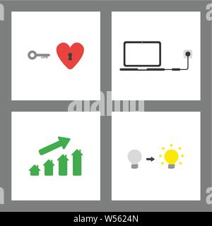Vector icon concept set. Heart with key and keyhole, laptop charging, house chart up, grey and glowing light bulbs. Stock Vector