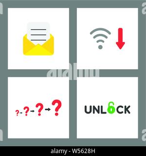 Vector icon concept set. Envelope with written paper, wifi low signal, question marks growing and unlock word with opened padlock. Stock Vector