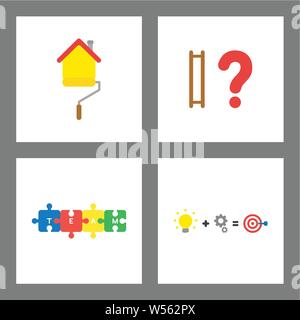 Vector icon concept set. Painting house, ladder missing steps, connected puzzle pieces, idea, work and success, hit the target. Stock Vector