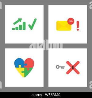 Vector icon concept set. Sales chart up, spam emails, heart puzzle, solution key to x mark. Stock Vector