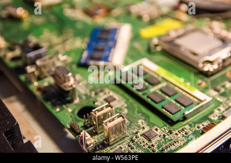 it background connectors on the motherboard of computer close up Stock Photo