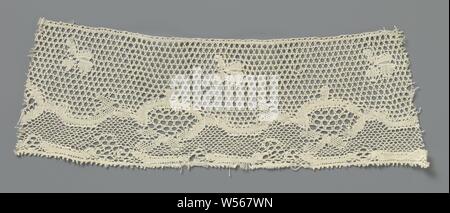 Strip of bobbin lace with concatenated c-shaped motifs and bows, Strip of natural-colored bobbin lace. Above the center line of the strip is a row of butterflies or leaves. The pattern underneath consists of a succession of horizontal c-shaped motifs, which alternately face upwards and downwards. A sort of bow hangs under the c-shaped motifs with the opening downwards, creating an oval space. The motifs are connected by two different mesh grounds: above the c's with a Paris ground and below that by a round Valenciennes ground. The motifs are made in linen and net strokes, partly with thicker Stock Photo