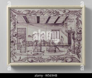 Tile picture of a cooperage, Tile picture of twelve tiles (3 x 4) with purple painted figures in a cooperage. The frame consists of flowers. Above right the inscription: ANNO 1821., anonymous, Holland, 1821, earthenware, tin glaze, h 42.5 cm × w 55 cm × d 5 cm