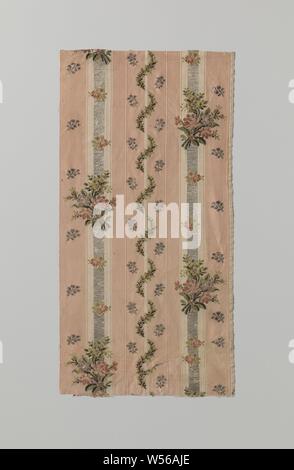 Fragment of multicolored embroidered silk, A fragment of pink silk with stripes in white and silver. The pattern has silver colored flowers in the strips. Around a white stripe is a flower branch and on the silver stripes the pattern has multicolored flower bouquets and branches., anonymous, Netherlands, c. 1750 - c. 1800, silk, h 53.4 cm × w 26.6 cm h 25.6 cm w 0.4 cm Stock Photo