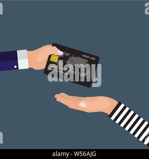 Hand of victim giving a credit card to robber. Vector Illustration Stock Vector