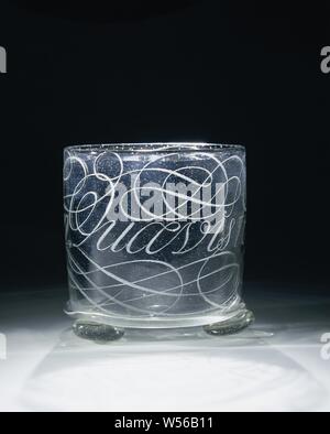 Beaker, anonymous, 1679 Three convex legs. Cylindrical body with ...