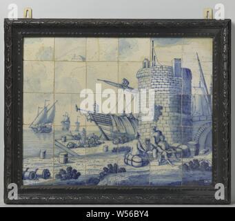 Tile panel with a harbor view, Tile panel of 30 tiles (5 x 6) each with a blue painted harbor view with figures in the foreground and a tower on the right. Below the monogram on the right: C: BM., Tegelbakkerij aan de Delftschevaart, Rotterdam, 1680 - 1730, earthenware, tin glaze, h 65 cm × w 78 cm h 74.5 cm × w 92 cm × d 7.5 cm Stock Photo