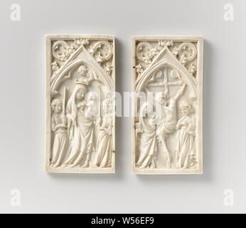 Diptych with the Virgin and Child and the Crucifixion Diptych with Mary with child and Crucifixion, On the left wing is, under a three-lobed gothic pointed arch with four-step passes, Mary between two her, torch-bearing angels. She has a lily in her right hand and holds on the left arm the child who holds her veil with one hand and has put his right arm around her neck. An angel holds a crown above Mary's head. Mary and John stand under the cross on the right wing, above which sun and moon. Both figures hold a book in their hands, Mary makes a gesture to Christ with the left hand, John holds Stock Photo
