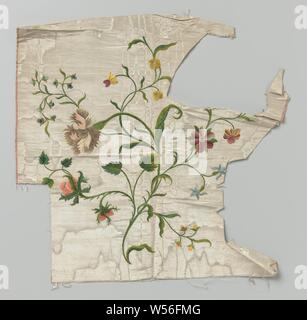 Fragment of embroidered silk, Fragment of white ripping silk with moiré effect on which a pattern of flowers in pink, green, blue, white and yellow is embroidered., anonymous, c. 1735 - c. 1740, silk, h 48 cm × w 47 cm w 0.7 cm Stock Photo