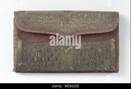 Letter bag in rectangular model of red leather embroidered with silver and gold thread, the name 'Jean Abraham Grill', 'Constantinople', '1754' embroidered, Letter bag in rectangular envelope model of red leather of which the the front, the flap and the back, except for the edges, are embroidered entirely with silver thread: a diagonally shaded frame contains a diamond pattern, each cross is enclosed in four circles, the spaces are filled with vertical hatches. The edge of the bag is trimmed with a golden-yellow border, which is secured with embroidery stitches. On the inside of the flap is ' Stock Photo