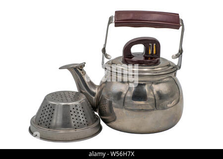 Teapot stainless steel strainer for tea leaves. Isolate on white background. Stock Photo