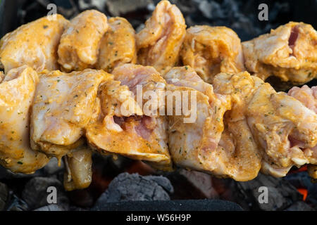 Marinated chicken kebab is cooked on the grill on the coals. Kebab skewer is popular all over the world. Stock Photo