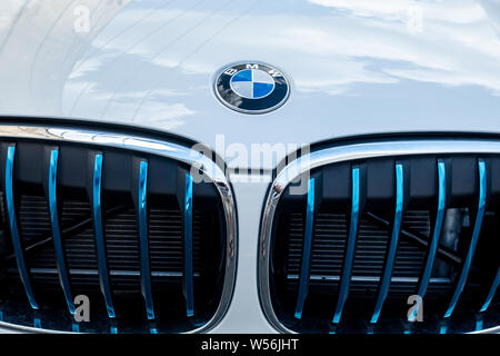 --FILE--View of a logo of BMW during an auto show in Shanghai, China, 29 August 2018.   Audi, Mercedes-Benz and BMW, the three most popular  luxury ca Stock Photo