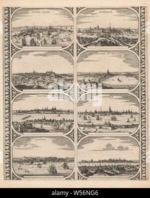Coppen Hagen / Cracovia / Colonia / Lisbona / Stockholm / Francfurt am Main / Antwerp / Constantinopolis (title on object), Sheet with two vertical strips, each with four views of cities in Europe: Copenhagen, Krakow, Cologne, Lisbon, Stockholm, Frankfurt am Main, Antwerp and Constantinople. Numbered lower right: 2. Uncut sheet with eight peripheral figures intended to be glued into strips as a frame around a map of a continent, maps of cities, prospect of city, town panorama, silhouette of city, Copenhagen, Antwerp, Constantinople, anonymous, Amsterdam, 1670 - 1672, paper, etching, h 512 mm Stock Photo