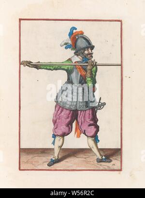 Soldier carrying his skewer with both hands horizontally at shoulder height Corte onderwysinghe on the figuerliicke imagehe, important right ghebruyck, from all the time a Soldaet is acting of the Spies is necessary (original series title ), A full-length soldier, carrying a spear (lance) with both hands horizontally at shoulder height. This print is part of the series of 32 hand-numbered prints of skewers in the Arms Act. This copy with the number printed, handling of weapons, military training, helved weapons, polearms (for striking, hacking, thrusting): lance, Jacob de Gheyn (II) (workshop Stock Photo