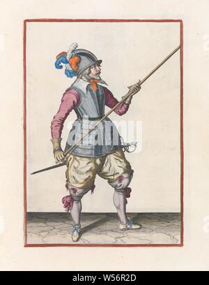 Soldier carrying his skewer with both hands at his right side, the point tilted upwards Corte onderwysinghe on the figuerliicke imagehe, important t'recht ghebruyck, from all t'ghene a Soldaet acting of the Spies noodich is (original series title), A soldier, full-length, who carries a spear (lance) with both hands at his right side, the point tilted upwards. This is the first operation for placing the skewer on the ground. This print is part of the series of 32 hand-numbered prints of skewers in the Arms Act, handling of weapons, military training, helved weapons, polearms (for striking Stock Photo