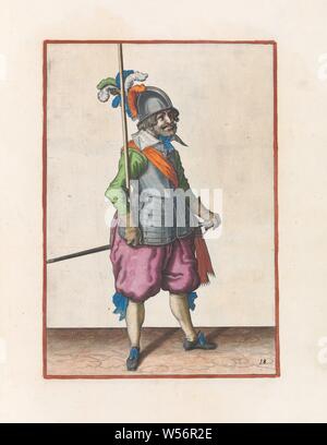 Soldier carrying his spear in the right hand vertically Corte onderwysinghe in the figuerliicke imagehe, interested in right ghebruyck, from all the way a Soldaet is acting of the Spies necessary (original series title), A full-length soldier holding a spear (lance) leaning vertically in his right hand against his right arm. This print is part of the series of 32 hand-numbered prints of skewers in the Arms Act. This copy with the number printed, handling of weapons, military training, helved weapons, polearms (for striking, hacking, thrusting): lance, Jacob de Gheyn (II) (workshop of), Stock Photo