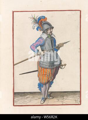 Soldier carrying his skewer with both hands on his right side, the point tilted up and close to his abdomen Corte lower body on the figuerliicke image acting of the Spies noodich is (original series title), A soldier, full-length, to the right, who carries his spear (lance) with both hands at his right side, the point tilted up and close to his belly. This print is part of the series of 32 hand-numbered prints of skewers in the Arms Act, handling of weapons, military training, helved weapons, polearms (for striking, hacking, thrusting): lance, Jacob de Gheyn (II) (workshop of), The Hague, c Stock Photo