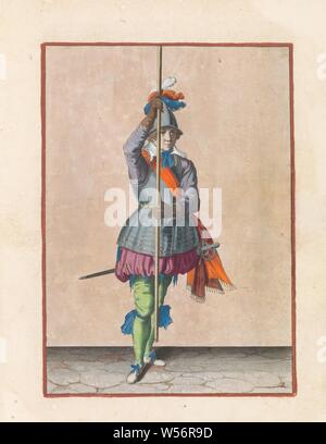 Soldier, seen from the front, holding his skewer upright with both hands in front of him slightly above the ground. acting of the Spies noodich is (original series title), A full-length soldier, holding a spear (lance) with both hands upright in front of him just above the ground. This is the first operation for lifting the skewer upright. This print is part of the series of 32 hand-numbered prints of skewers in the Arms Act, handling of weapons, military training, helved weapons, polearms (for striking, hacking, thrusting): lance, Jacob de Gheyn (II) (workshop of), The Hague, c. 1597 - 1607 Stock Photo