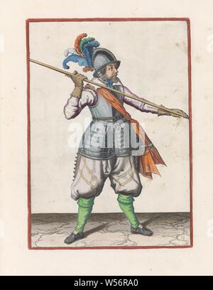 Soldier carrying his skewer with both hands far apart above his right shoulder, the point pointed obliquely towards the ground Soldaet int acting of the Spies noodich is (original series title), A soldier, full-length, who carries a spear (lance) above his right shoulder, the point pointed obliquely to the ground. His hands far apart around the skewer. This is the first operation for lowering the skewer to be able to pass under a curve. This print is part of the series of 32 hand-numbered prints of skewers in the Arms Act, handling of weapons, military training, helved weapons, polearms (for Stock Photo