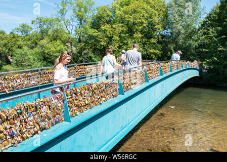 Bakewell Love Locks Bridge covered in love padlocks over the River Wye Bakewell Derbyshire Peak District National Park Derbyshire England GB UK Europe Stock Photo