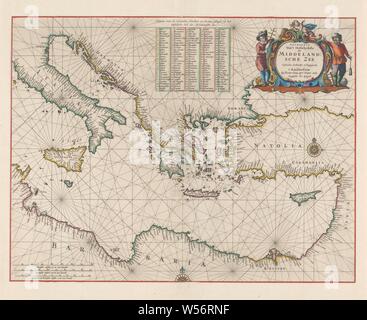 Cartography in the Netherlands, nautical chart of the eastern part of the Mediterranean, Nautical chart of northern Italy to Syria, bordered in red, coasts colored, inscription r.b. flanked by allegorical figures and a putto. M.b. table: 'Names of the Eylanden, Hoecken and Havens, located in the Oostelycke part of the Mediterranean Sea'. M.o. and r.m. a compass rose, l.o. scale in German, Spanish and English or French miles. (1: 5 million.). Inscription, r.b .: PASKAERTE / Van 't Oostelyckste / Der / MIDDELAND = / SCHE ZEE. Signed, r.b .: Pieter Goos., Pieter Goos, Amsterdam, 1662, paper Stock Photo