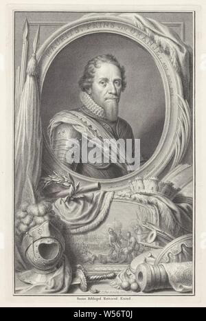 Portrait of Maurits, Prince of Orange, Portrait of Maurits in an oval with border lettering. Around it are a number of allegorical objects, including a scepter, laurel wreath, wall crown, helmet, sword and cannon. On the relief the Battle of Nieuwpoort, 2 July 1600, city crown, mural crown, hacking and thrusting weapons: sword, Maurits (Prince of Orange), Pieter Tanjé (mentioned on object), 1748, paper, etching, h 368 mm × w 242 mm Stock Photo