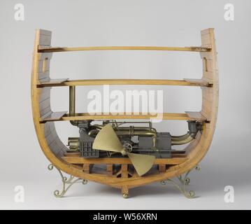 Model of a trunk engine, Model of a Trunk Engine, Model of a 150 hp trunk machine or tubular machine placed in a cross section of a ship. No boiler, the propeller shaft is shortened and provided with a two-blade parabolic propeller, the machine can be turned with a crank. The model shows: two horizontal cylinders with tubes, condenser cabinet with four air pumps, two steam valves with double eccentric on the crankshaft and regulator on top of the condenser, steam supply controller on extra eccentric. In this directly working machine, designed by John Penn, the piston was provided with a round Stock Photo