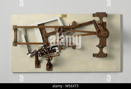 Model of an Oscillating Steam Engine with Adjustable Steam Valve, Moving sketch model on floorboard. The model, which is driven with a crank, shows the following components: cross section of an oscillating cylinder with piston, which drives a crankshaft, Scissor movement of Stephenson on the crankshaft, which drives the three-gate steam slide, slider control. The latter consists of an endless screw with a crank, with which a gear quadrant can be adjusted, which controls the transmission of the scissor movement on the steam slide with a rod. With this controller the machine can be put in Stock Photo