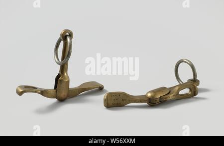 Two Can Hooks, Two millers to unload empty barrels. This consists of a shaft with a ring on top and arms turning in the other, forked end. One of the arms has a hole to reduce its weight so that the arms usually hang vertically, she was lowered through a hole in a barrel, the arms were placed horizontally and the barrel could be lifted, Julius Constantijn Rijk, George Stebbing (mentioned on object), Portsmouth, in or before 1825, iron (metal), bronze (metal), copper (metal), (1): h 7.9 cm × w 34.5 cm × d 25 cm (2): h 7.9 cm × w 35 cm × d 25 cm Stock Photo