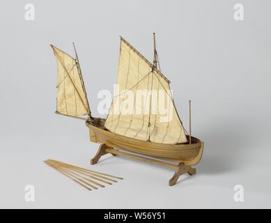 Model of a Jolly Boat, Tested truss model on a standard. Overcast ankle belts gig, curved with flat mirror, a forecourt, five diets and rail, and an open cabin with side dents. Simple rudder with wooden tiller. The model has a bucket sail as main sail, and a sprit sail on the grape mast and parrot pole. A flagpole on the forecourt, six oars. 1:20 scale (scale on model)., Rijkswerf Vlissingen, Flushing, 1836, wood (plant material), brass (alloy), rope, textile materials, h 29 cm (rigged) × l 39.4 cm × w 9.4 cm Stock Photo