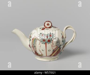 Teapot with portraits of William V and Wilhelmina of Prussia, Trekpot with portraits of Willem V and Wilhelmina of Prussia, Small, almost round teapot with slightly curved, smooth spout, intertwined ear and lid with round hole on top bud in the shape of a flower. The ear consists of two mutually entangling parts, which at the top and bottom end in a relief decoration of flower with leaf motif, the parts each have five ridges on the top. Two figures are arranged on the abdomen on both sides, facing towards each other, with inscriptions between them. Left: portrait bust from the side in red, Stock Photo