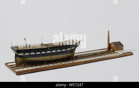 Model of a Shipyard, Model of a steam towing ramp with machine building, on the slope a barge ship under construction. In glass case., Netherlands, Royal Netherlands Army, anonymous, c. 1852, wood (plant material), glass, h 40 cm × l 270 cm × w 45 cm Stock Photo