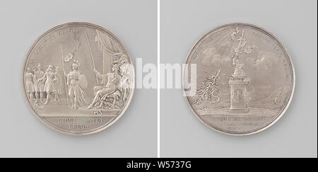 Deceptive peace proposals from Louis XIV, Silver Medal. Front: Louis XIV sitting on a chair under which a snake crawls, fishes with a fishing rod with paper with the inscription PAX hanging on Dutchmen, who are warned by Minerva. In the midst of the Dutch, a man with a lily is standing on the back of his coat and on his head snakes, within a circle, cut off: inscription. Reverse: hand with sword, wrapped with pennant and inscription and illuminated by celestial light, freedom hat and Bible lie on altar with a bundle of arrows on the side, laurel branch with snake between leaves falls to Stock Photo