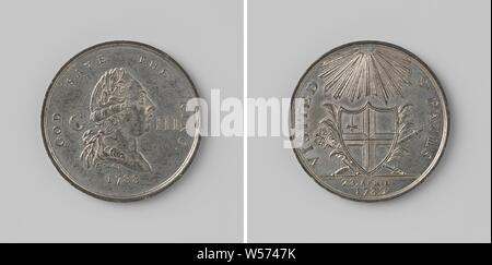 Visit of George III, King of England to St. Paul's Cathedral, Silver Medal. Obverse: man's chest piece with laurel wreath between monogram inside the inscription. Reverse: coat of arms for scepter and sword between palm branches, illuminated by celestial light within an inscription, cut: date, Saint Paul's Cathedral, George III (King of Great Britain and Hanover), Monogrammist CI (medailleur), England, 1788, silver (metal), striking (metalworking), d 3.3 cm × w 10.41
